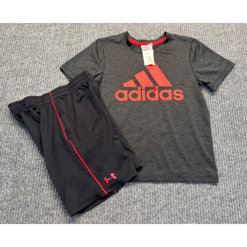 Kids Adidas Graphic Tee and Under Armour Shorts 2pc Activewear Set Grey Black 5